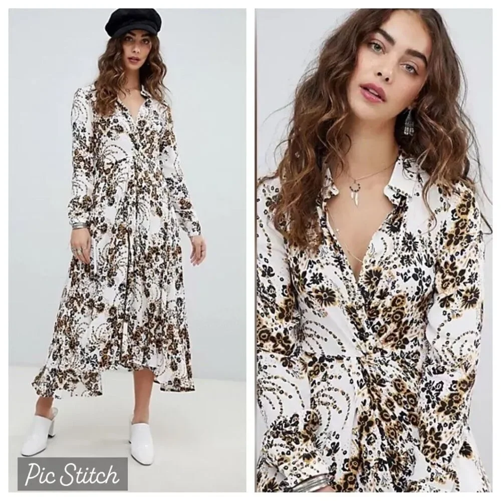 EUC Free People White and Brown Floral Maxi Dress